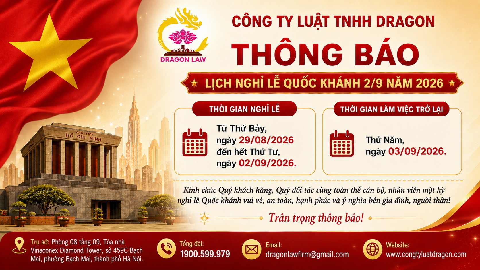 Thông báo lịch nghỉ lễ Quốc Khánh 2/9 năm 2026